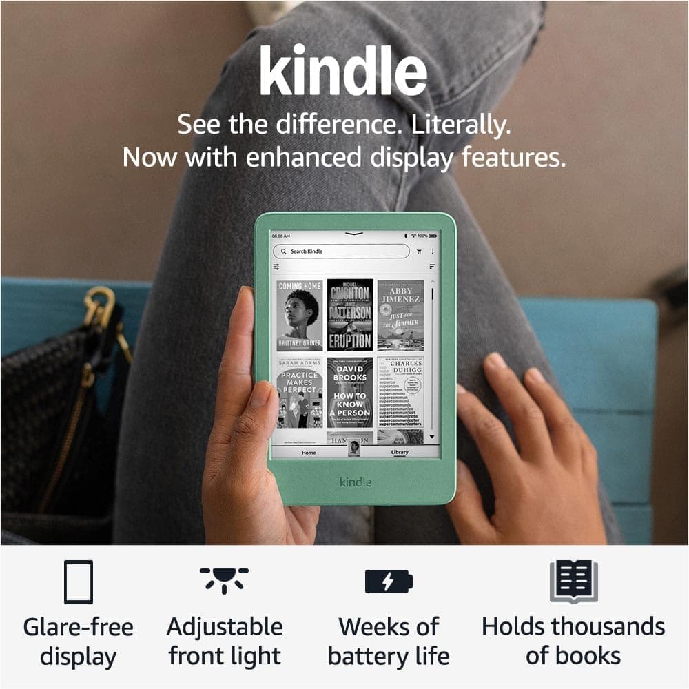 Like-New Amazon Kindle (16 GB) - Lightest and most compact Kindle, with glare-free display, faster page turns, adjustable front light, and long battery life - Matcha Matcha Without Kindle Unlimited Lockscreen Ad-Supported - Image 2