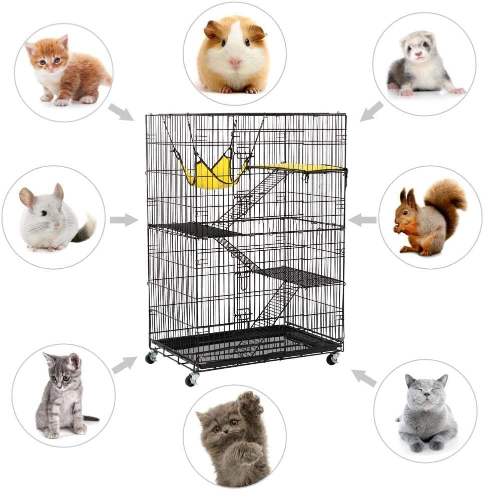 Yaheetech 49'' Collapsible Cat Cage 4-Tier Metal Cat Kennel Ferret Enclosure Chinchilla Cage with Rotating Casters/Ramp/Ladders/Hammock for Indoor Kitten - Image 4