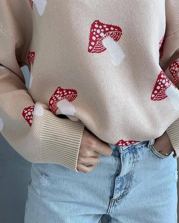 Apvirdy Mushroom Sweater Women Crewneck Long Sleeve Knit Sweater Loose Cute Graphic Pullover Sweater Apricot Mushroom Sweater Small - Image 3