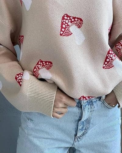 Apvirdy Oversized Sweater for Women Fall Mushroom Sweater Cute Mock Neck Long Sleeve Boyfriend Sweater Retro Knit Pullover Tops - Image 2
