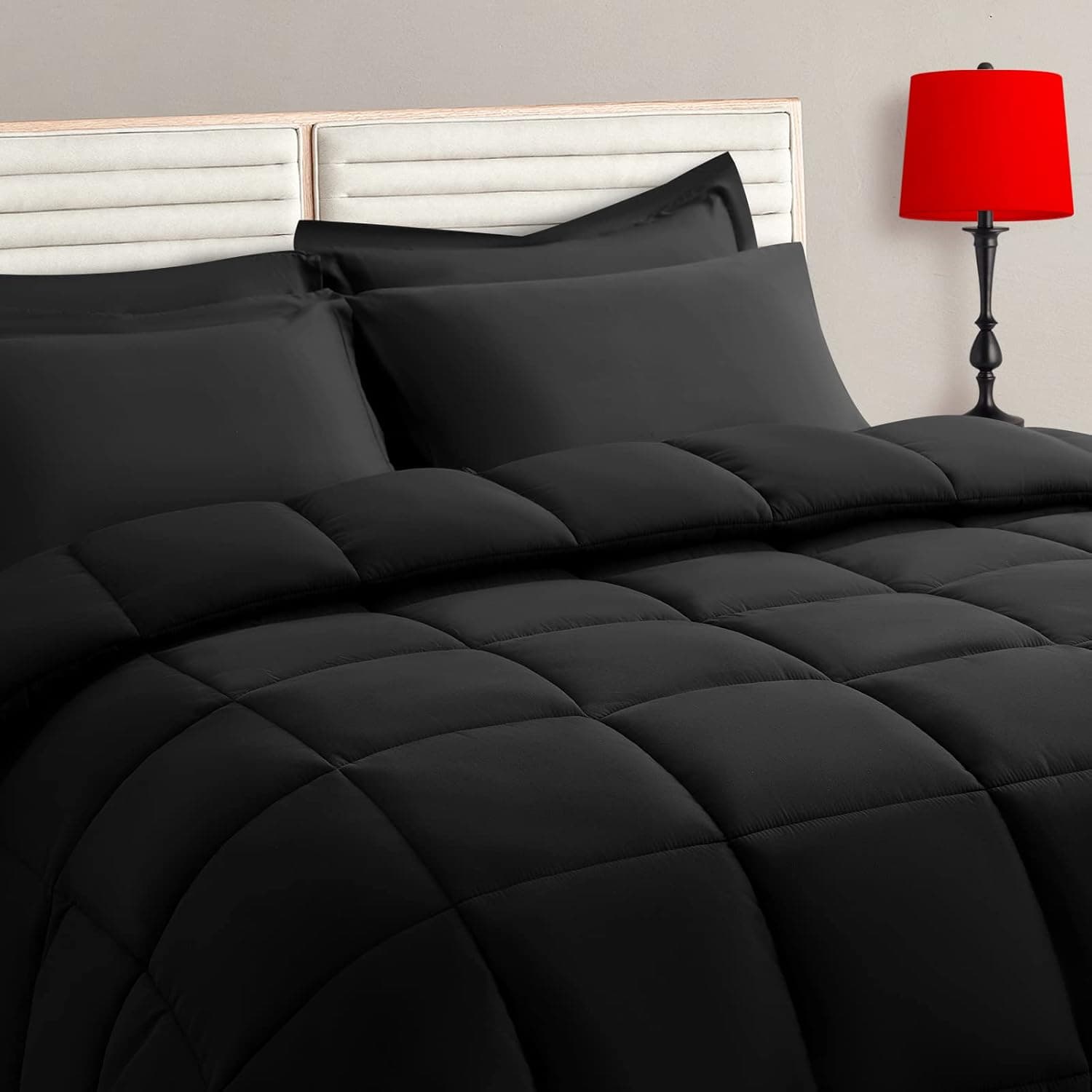 TAIMIT Twin Size Comforter Set - 5 Pieces, Bed in a Bag Bedding Sets with All Season Soft Quilted Warm Fluffy Reversible Comforter,Flat Sheet,Fitted Sheet,1 Pillow Shams,1 Pillowcases,Black Twin Black - Image 2