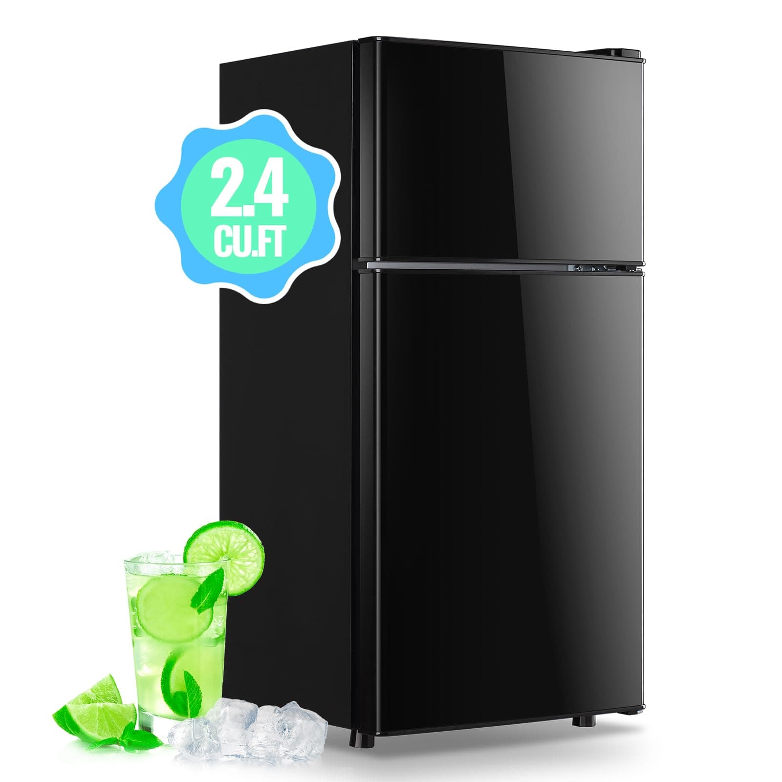 2.4 Cu.Ft Mini Fridge with Freezer & Double Door Small Tiny Size Refrigerator with 7 Temperature Control Knob Only Suitable for One Person Use Black