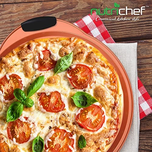 NutriChef 13-Inch Nonstick Pizza Tray - Round Carbon Steel Non-Stick Pizza Baking Pan with Perforated Holes, Premium Bakeware Pizza Screen with Silicone Grip Handles, Dishwasher Safe - Copper - Image 4
