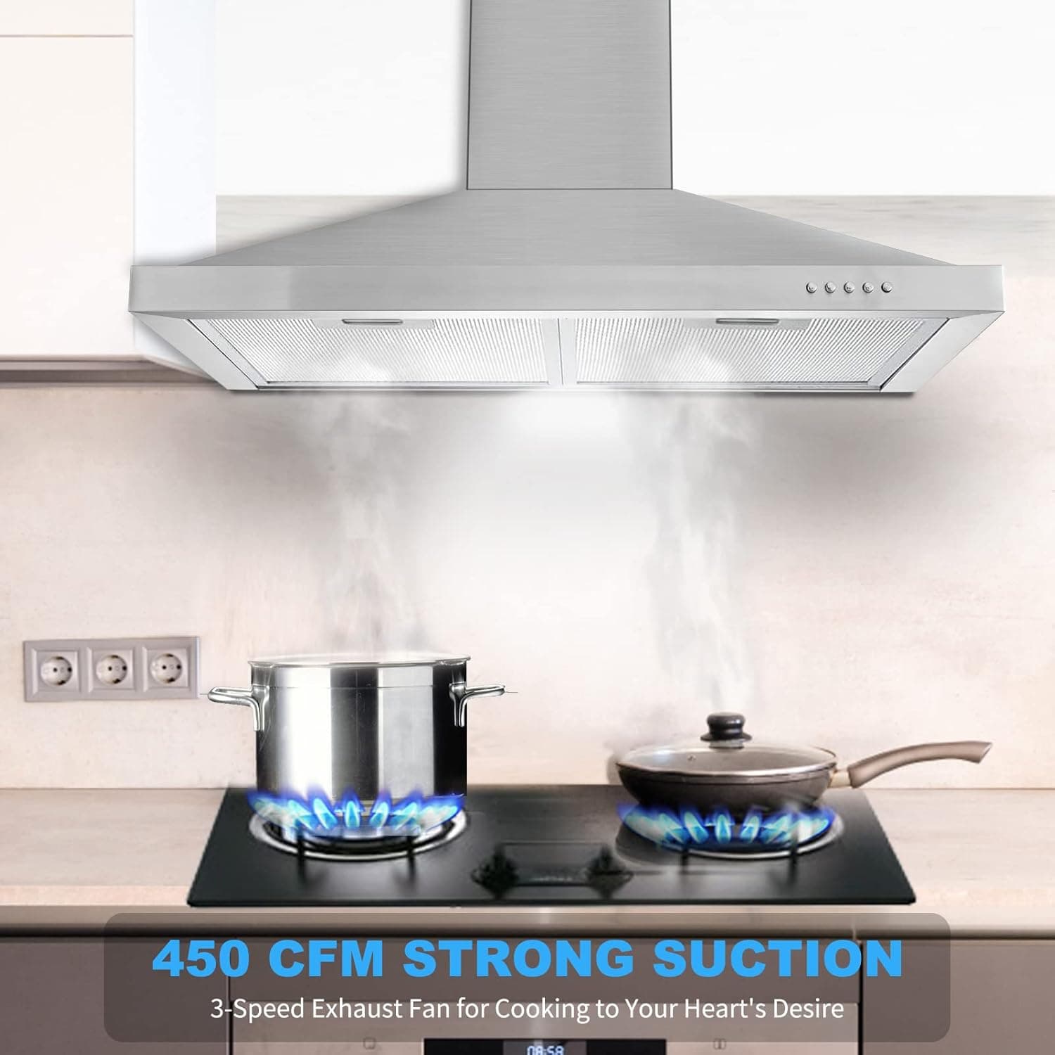 Wall Mount Range Hood 30 inch with Ducted/Ductless Convertible Duct, Stainless Steel Chimney-Style Over Stove Vent Hood with LED Light, 3 Speed Exhaust Fan, 450 CFM Button Control Mesh Filters - Image 3