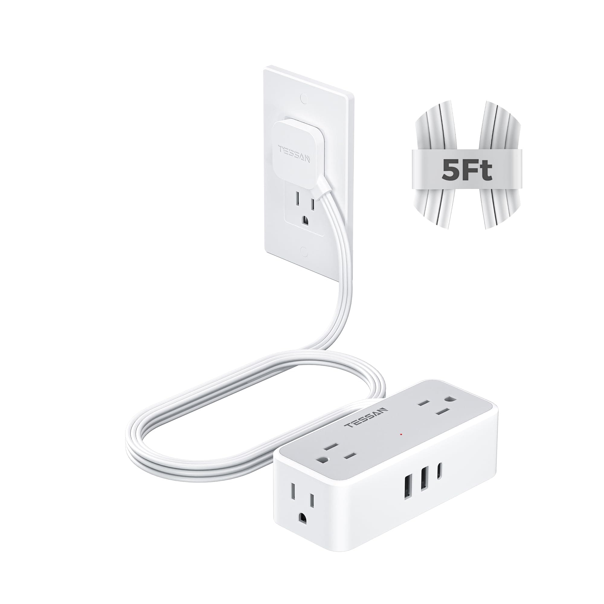 TESSAN Flat Plug Extension Cord 5 FT, Surge Protector Power Strip with 4 AC Outlets 1 USB C and 2 USB A Ports, 900 Joules Protection, 1250W, Multiple Wall Outlet Extender Suitable for Home Office Dorm 5 FT (1 USB-C, 2 USB-A) Gray