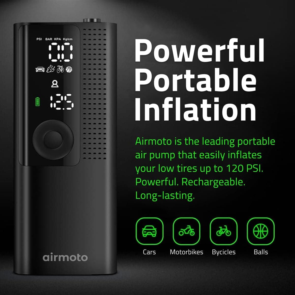 Airmoto Tire Inflator Portable Air Compressor - Air Pump for Car Tires with Digital Pressure Gauge, LED Light and Auto Shut-Off Function - Cordless Pump for Car, Motorcycle, Bicycle, Ball 1-Pack - Image 2