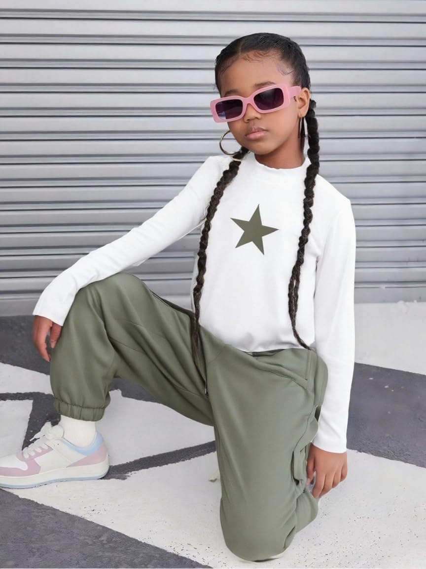 Girls Clothes 2 Piece Outfit Long Sleeve Crop Top + Cargo Pants, Tween Fall Clothing Set, Sizes 5-15 Years Green 9-10 Years - Image 5