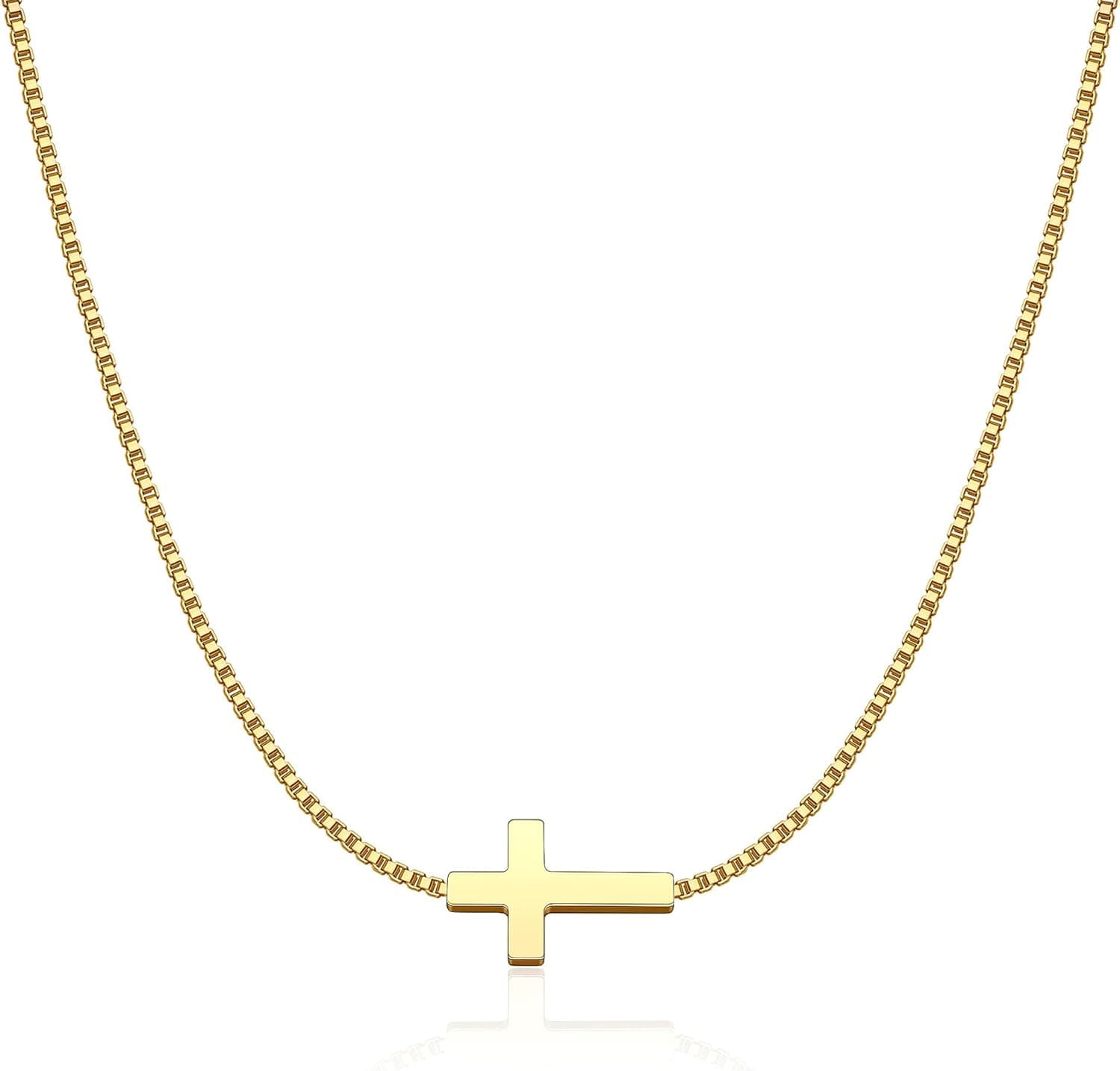 Cross Necklace for Women 14K Gold Silver Plated Dainty Small Cross Pendant Choker Simple Trendy Cute Cross Charm Chain Necklace Easter Basket Stuffers Baptism Religious Faith Jewelry Gift Box Chain Sideways Cross-GD - Image 2