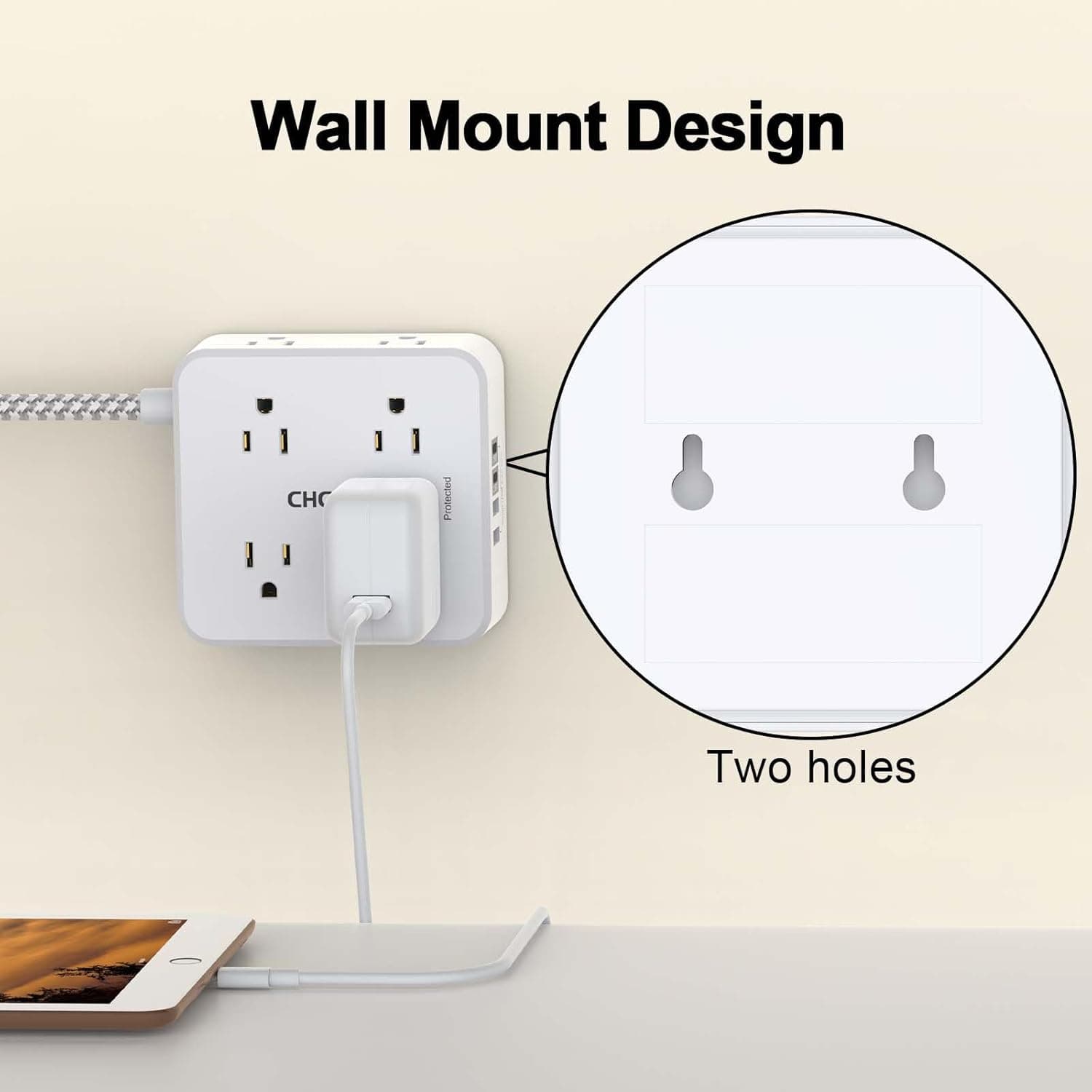 Surge Protector Power Strip - CHCORE 5Ft Braided Extension Cord with 8 Outlets with 4 USB (2 USB C) Charging Ports, Flat Plug Multi Plug Outlet Extender Charging Station for Home Office, ETL, White 5Ft-Braided Cord White - Image 6