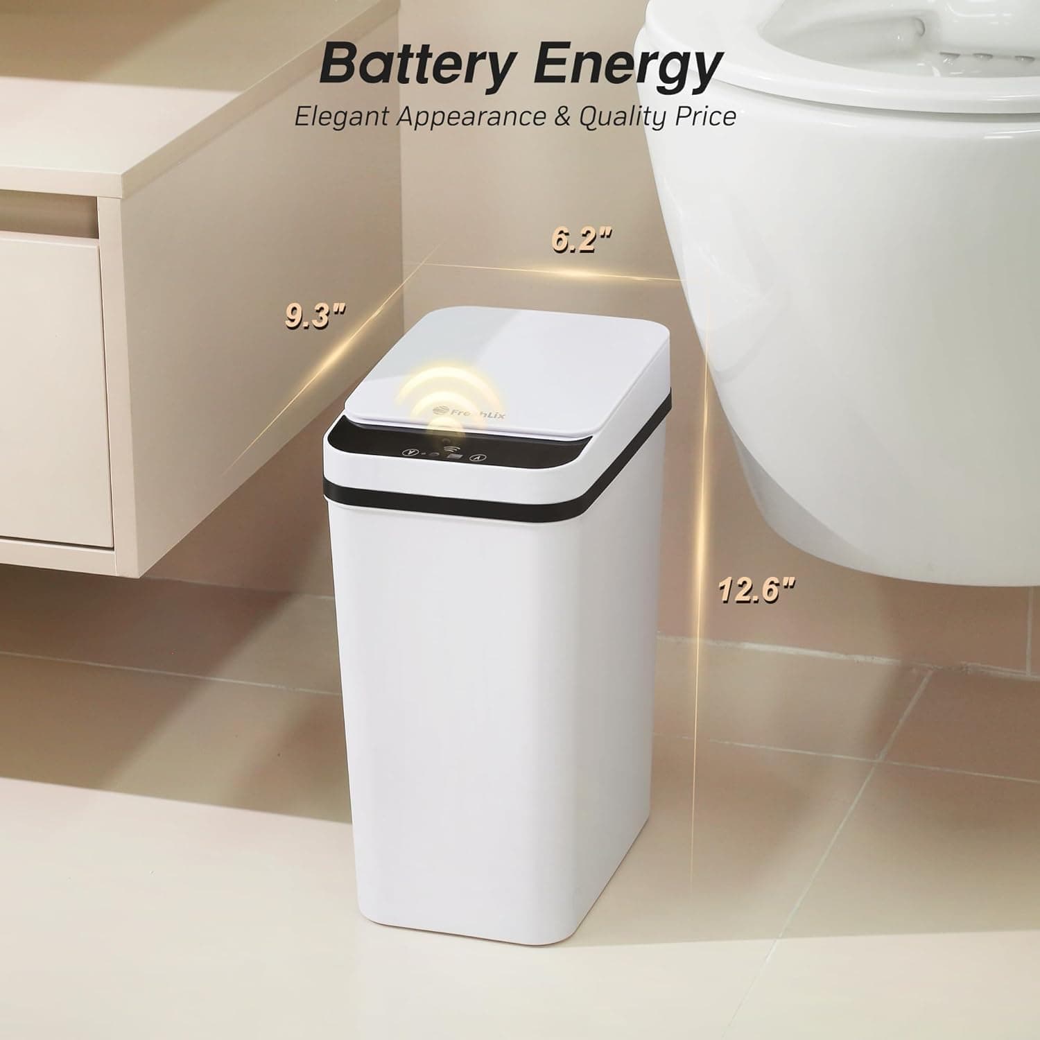 Bathroom Trash Can with Lid 2.6 Gallon Automatic Touchless Garbage Cans Small Smart Motion Sensor Trashcan Slim Waterproof Trashcan for Bedroom, Office, Living Room, Toilet, RV A-Basic Battery Supply-White 1 Pack(2.6 Gallon) - Image 4