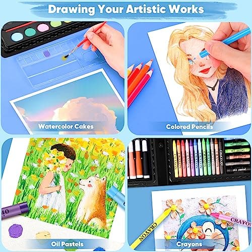 iBayam Art Supplies, 149-Pack Drawing Kit Painting Art Set Art Kits Gifts Box, Arts and Crafts for Kids Girls Boys, with Coloring Book, Crayons, Pastels, Pencils, Watercolor Pens & Cakes - Image 4