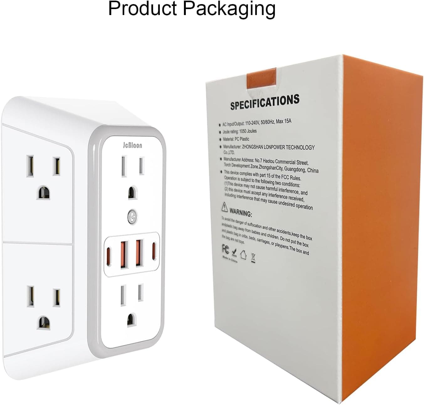 JcBlaon Outlet Extender Surge Protector - 6 Outlet Splitter with 4 USB Ports (2 USB C), Multiple Plug Expander Wall Charger, 3 Sided Multi Plug Wall Adapter Power Strip for Home Office Kitchen Travel White - Image 8