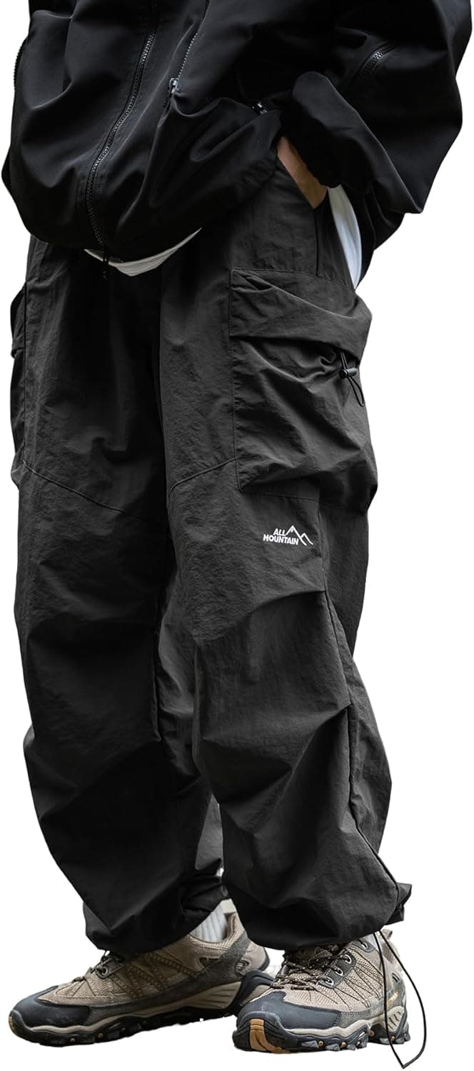 Mens's Baggy Cargo Pants Casual Parachute Pants Loose Fit Hip Hop Harme Lightweight Water Resistant Pants with Pockets Black X-Large - Image 2