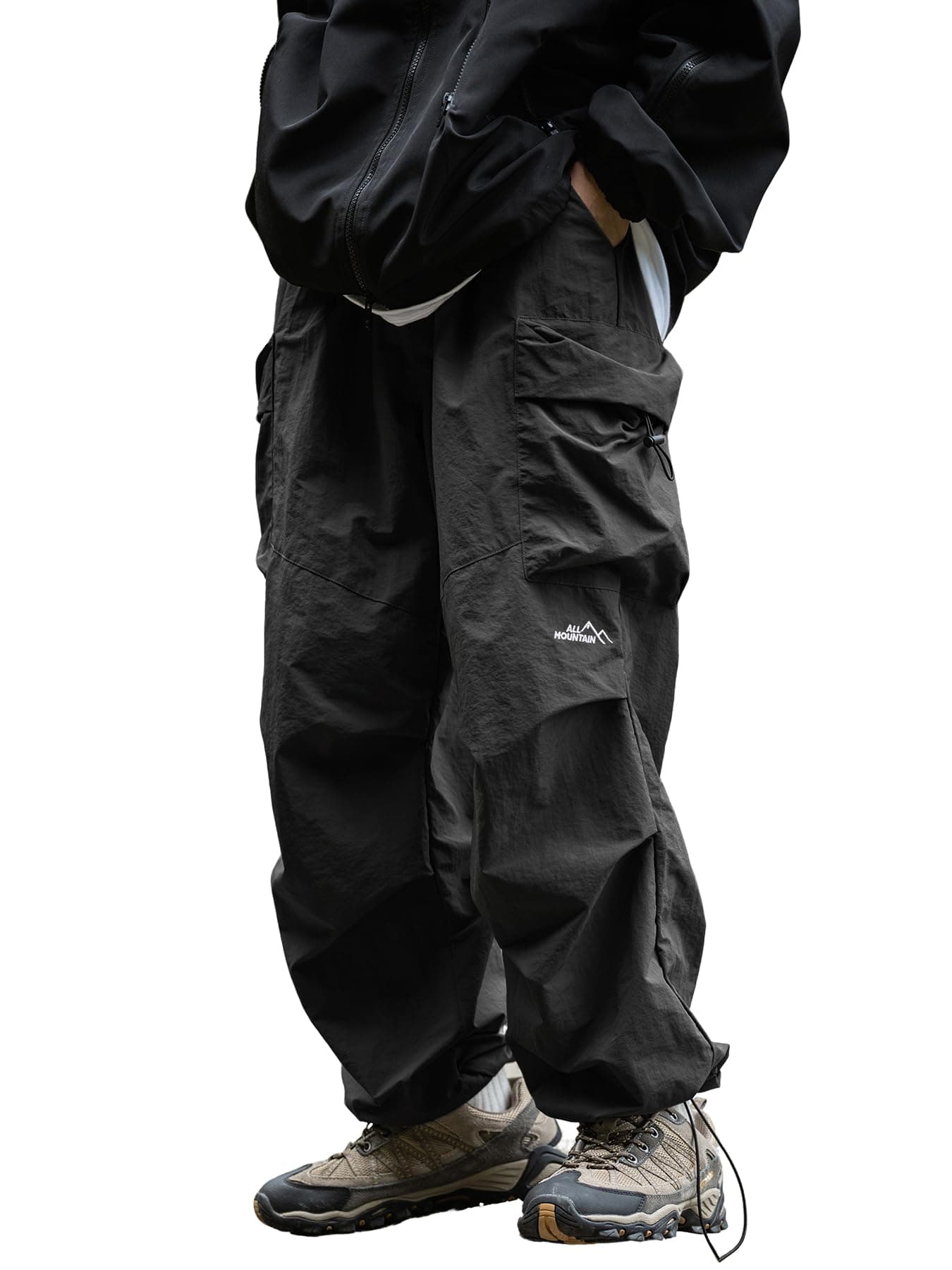 Mens's Baggy Cargo Pants Casual Parachute Pants Loose Fit Hip Hop Harme Lightweight Water Resistant Pants with Pockets Black X-Large
