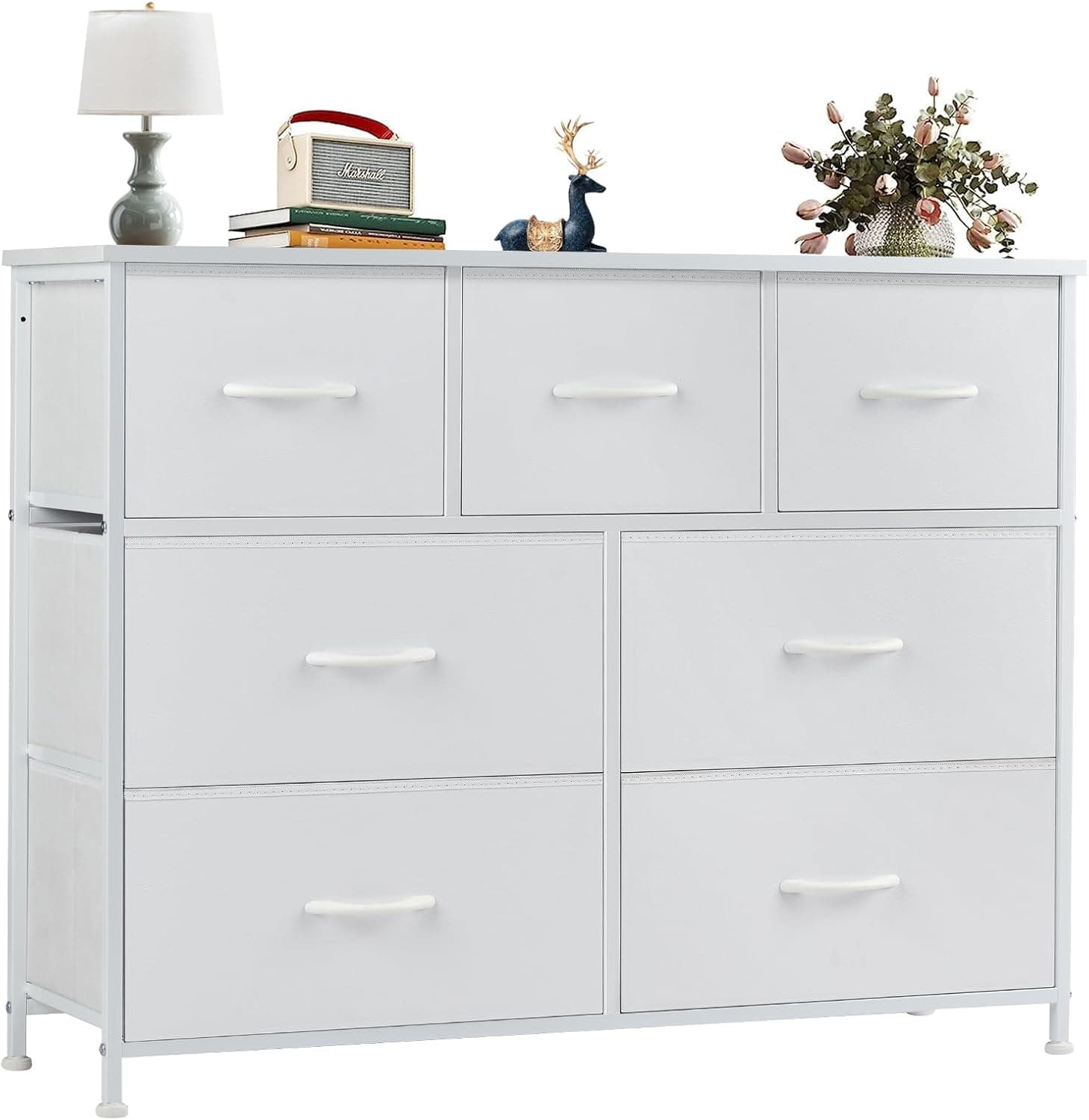 OLIXIS Dresser for Bedroom, 7 Storage Drawers, Wide Fabric Closet Chests Organizer Tower Furniture, TV Stand with Wooden Top Metal Frame for Clothes, Living Room, Hallway, Entryway, Classic White White 11.8"D x 39.4"W x 30"H (7 Drawers) - Image 2