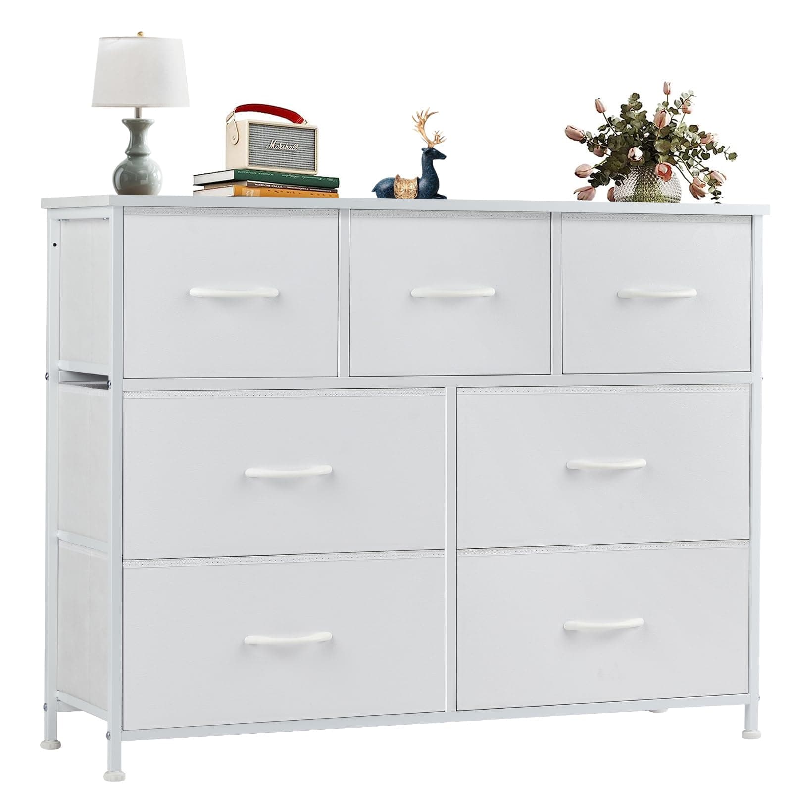 OLIXIS Dresser for Bedroom, 7 Storage Drawers, Wide Fabric Closet Chests Organizer Tower Furniture, TV Stand with Wooden Top Metal Frame for Clothes, Living Room, Hallway, Entryway, Classic White White 11.8"D x 39.4"W x 30"H (7 Drawers)