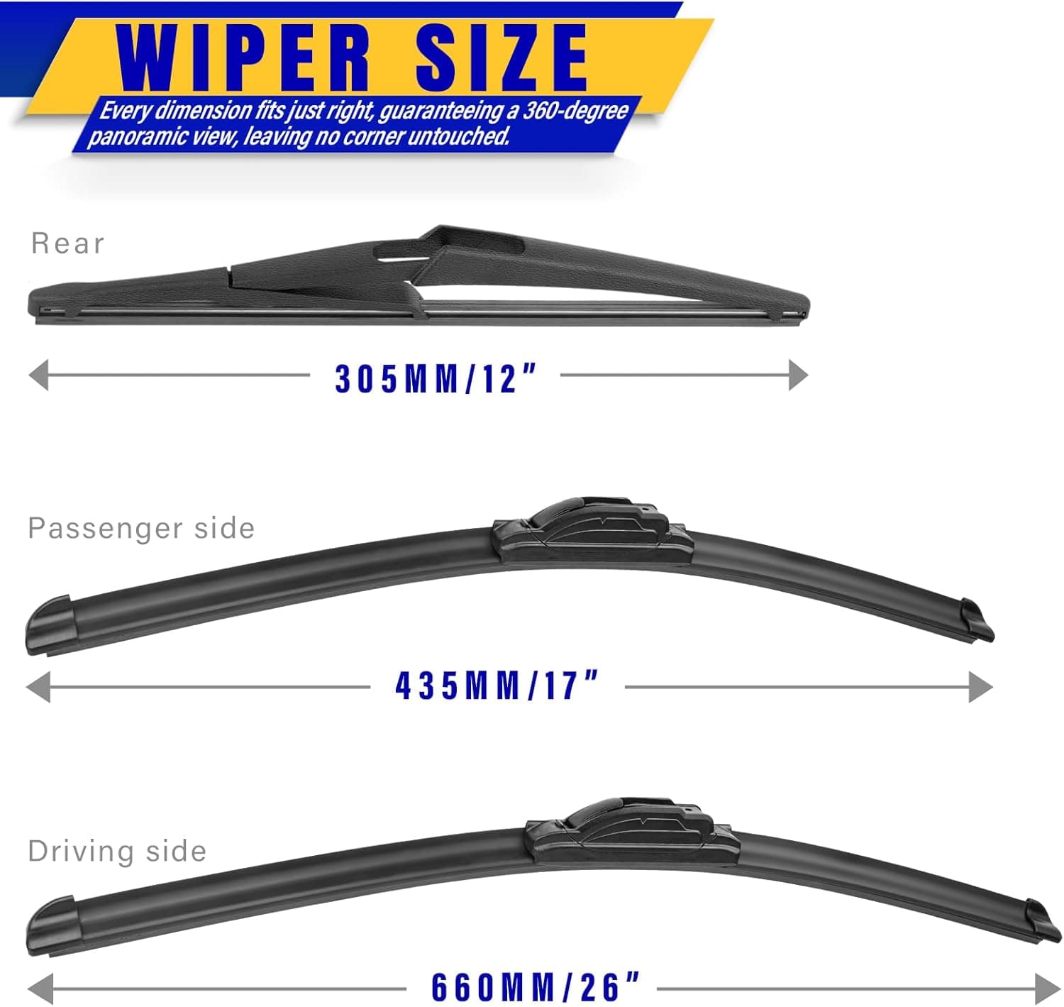 3 wipers Replacement for 2014-2021 2022 2023 Nissan Rogue/2013-2021 Nissan Pathfinder, Windshield Wiper Blades Original Equipment Replacement - 26"/17"/12" (Set of 3) U/J HOOK Windscreen wipers 26"/17"/12"(Set of 3) - Image 2