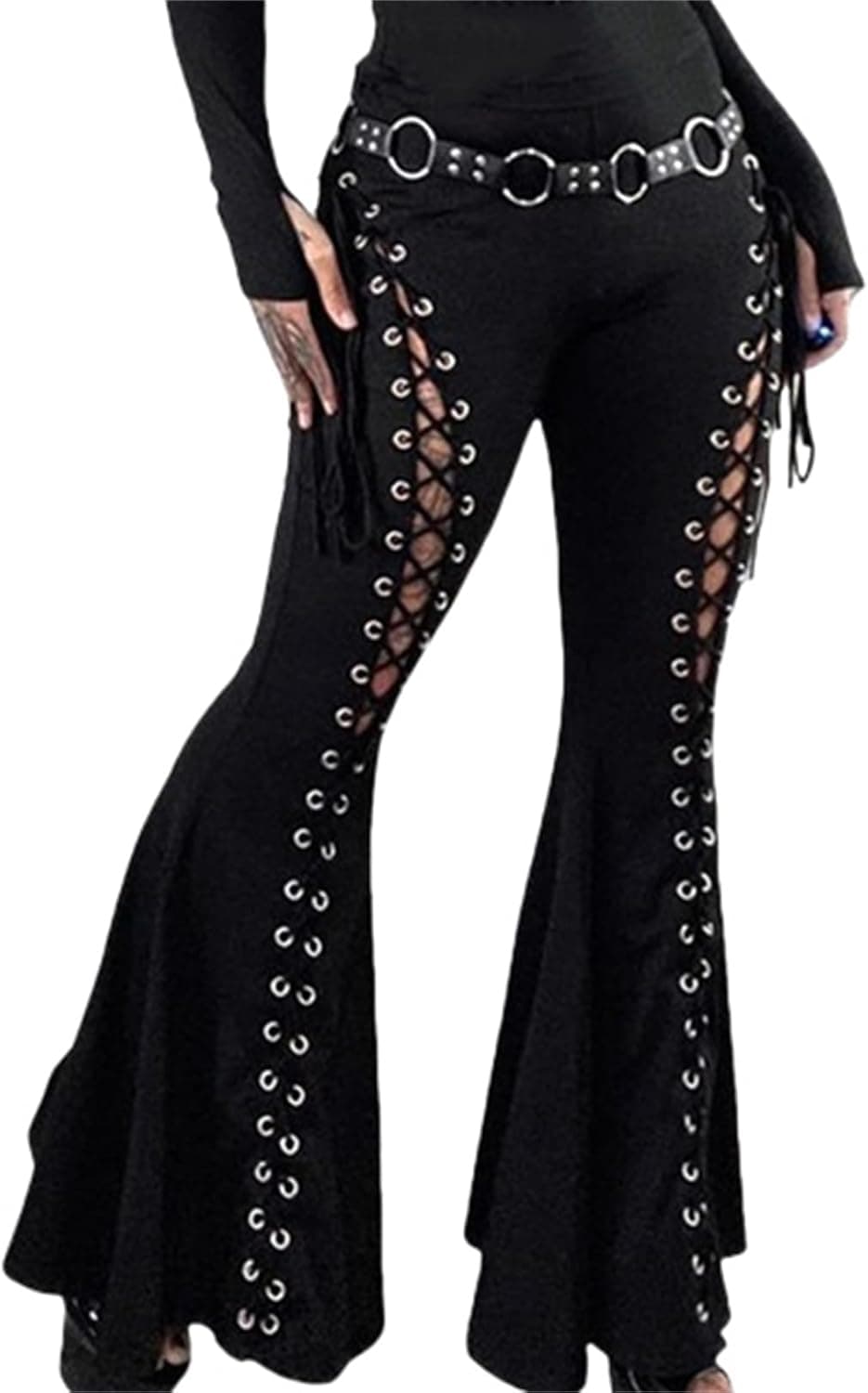 Y2k Bell Bottom Pants for Woman Gothic Black Lace-Up Cutout Stretch Punk Small Black - Image 8