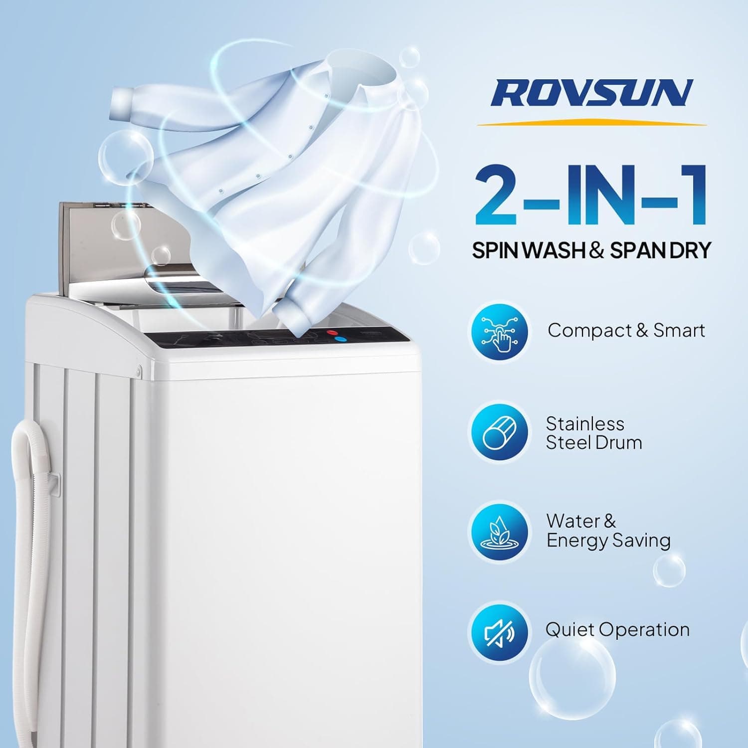 ROVSUN 25LBS Lavadora Portátil, Lavadora Eléctrica Automática Completa con Tambor de Acero Inoxidable, Combo de Lavadora Compacta y Secadora con Bomba de Drenaje para Hogar, Apartamento - Image 3