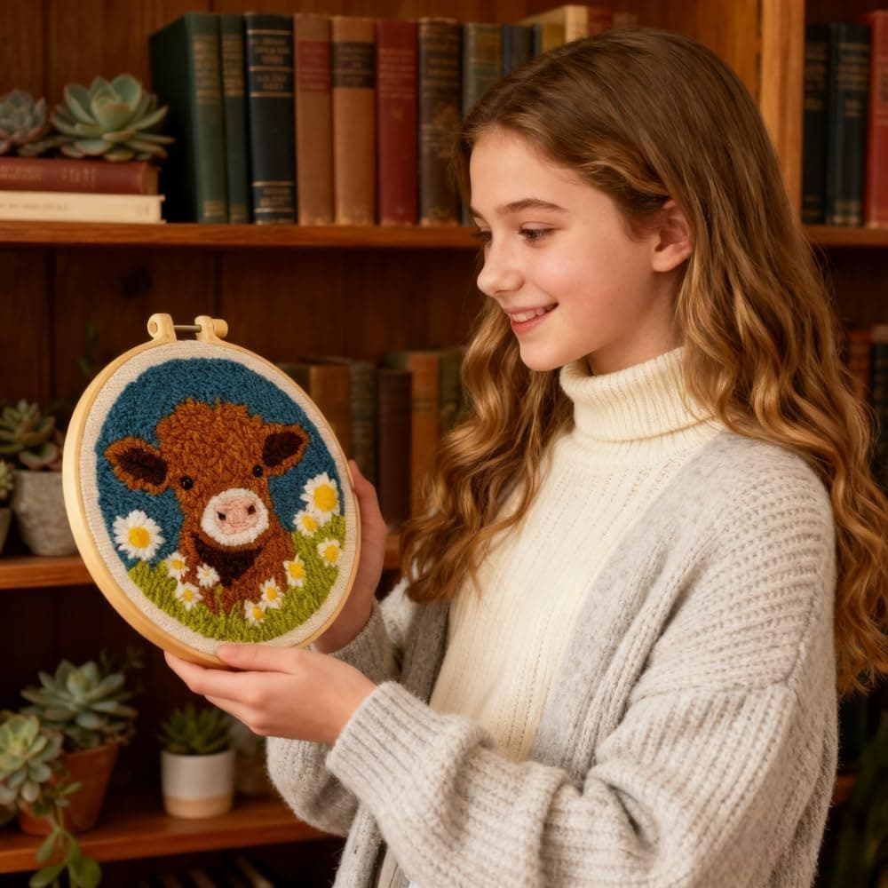 DIY Punch Needle Kits for Beginners Cute Cartoon Highland Cow with Daisy Flower with Hoop Embroidery Punch Needle Starter Craft Set Easy for Adults and Children Festival Gift and Decoration 20x20cm-1 01-Highland Cow - Image 5