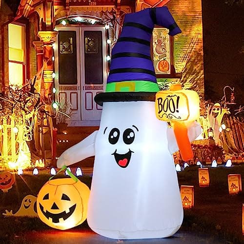 GOOSH 5 FT Halloween Inflatables Ghost Outdoor Decorations Blow Up Yard Cute Wizard Ghost with Pumpkin with Built-in LEDs for Garden Lawn Indoor Party Holiday Decor - Image 3