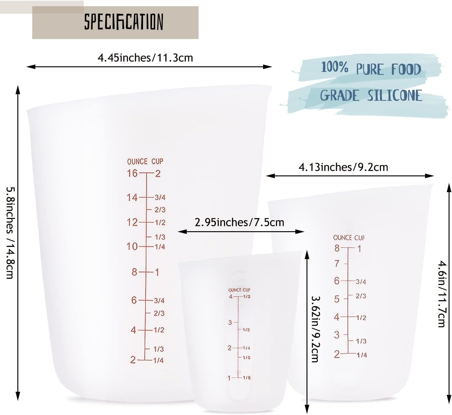 3 PCS Silicone Flexible Measuring Cups,Melting Cups for Epoxy Resin,Butter,Chocolate and More,2 Cup&1 Cup&1/2 Cup,Squeeze and Pour Silicone Measuring Cup with Marking Ounce/ML - Image 3