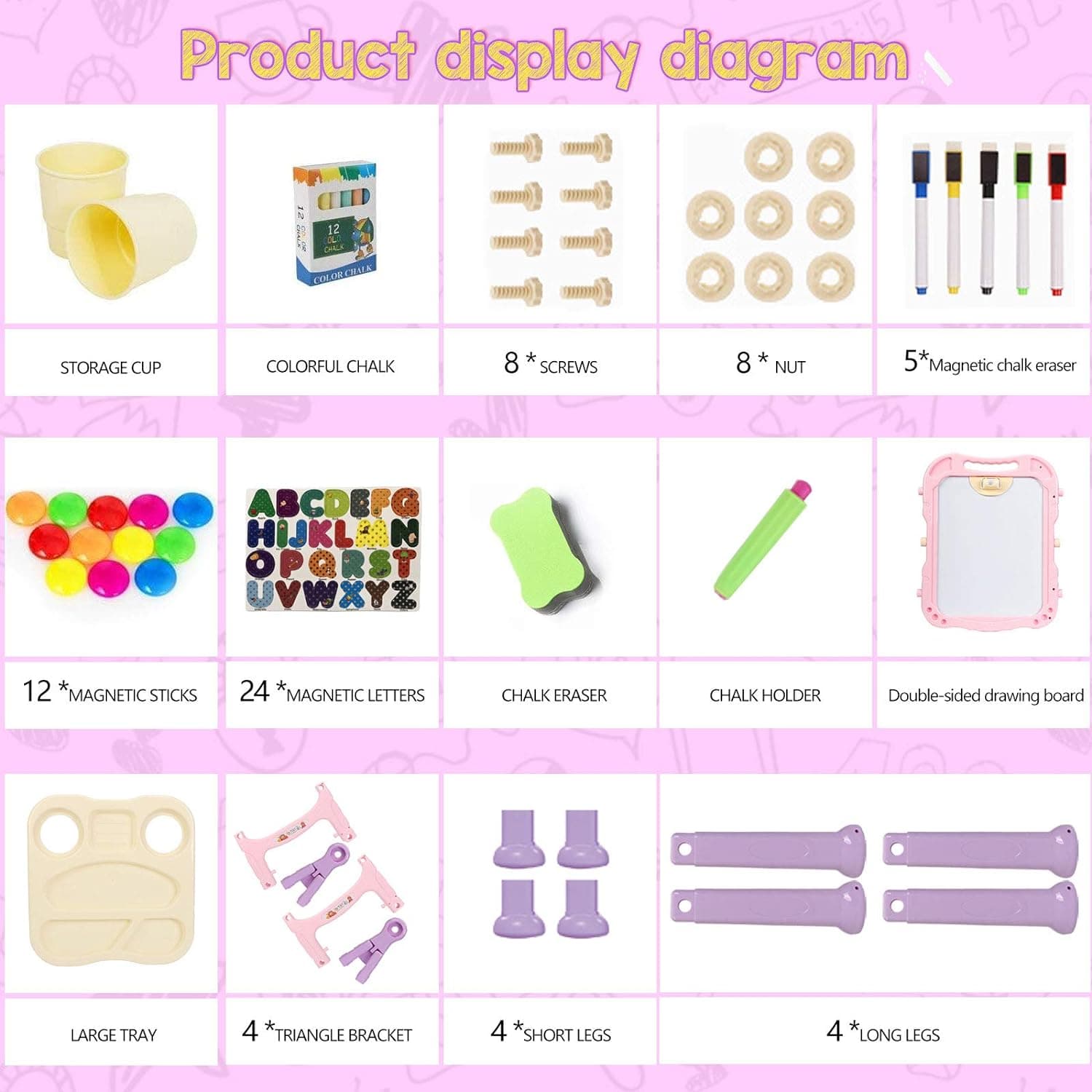 Art Easel for Kids, Adjustable Standing Rotatable Double Sided Easel with Painting Accessories for Toddlers Boys and Girls-Pink - Image 7