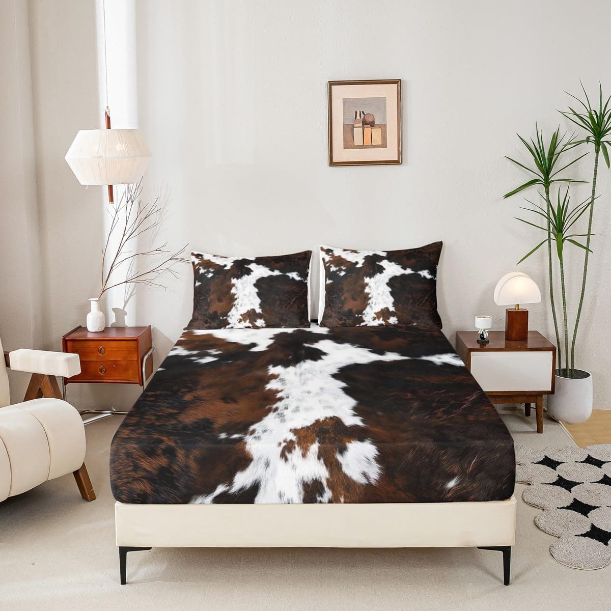 Cowhide Print Fitted Sheet Full Size 3 Pcs, Cow Fur Pattern Theme Bedding Deep Pocket for Home Bedroom Decor, Maroon (1 Fitted Sheet+2 Pillowcases) No Flat Sheet Cowhide Print 01 FULL (W54*L75*H16") - Image 7
