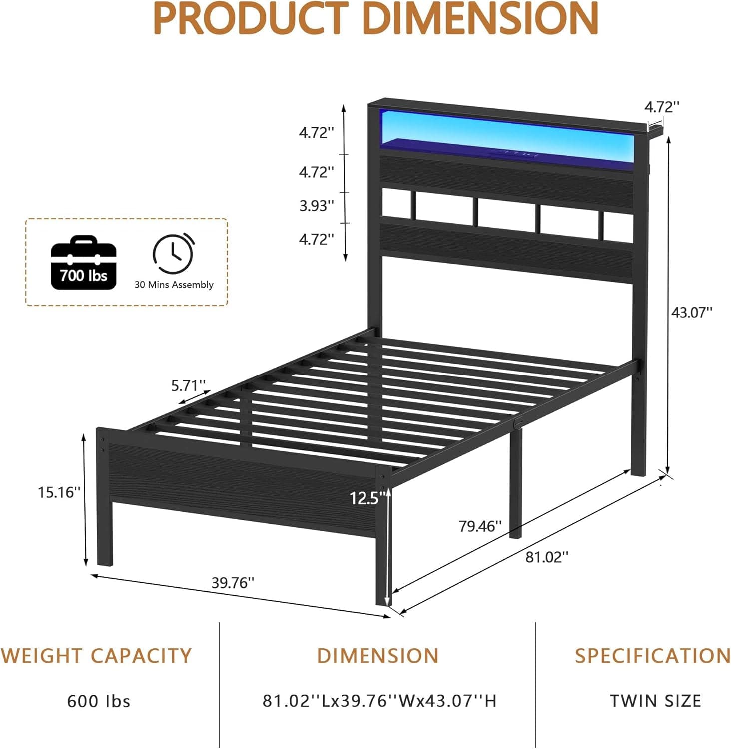 Furnulem Twin Bed Frames with Charging Station and LED Lights, Twin Size Platform Bed with Metal Slats, Wood Headboard with 2-Tier Storage Shelves, No Box Spring Needed, Black Oak Black Oak Twin - Image 9