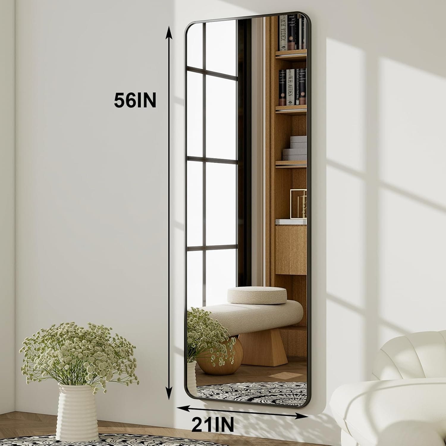 HARRITPURE 56"x21" Full Length Mirror, Black Rounded Corner Aluminum Frame Floor Standing Mirror Hanging/Leaning Wall for Living Room Bedroom Cloakroom Black 56"L x 21"W - Image 7