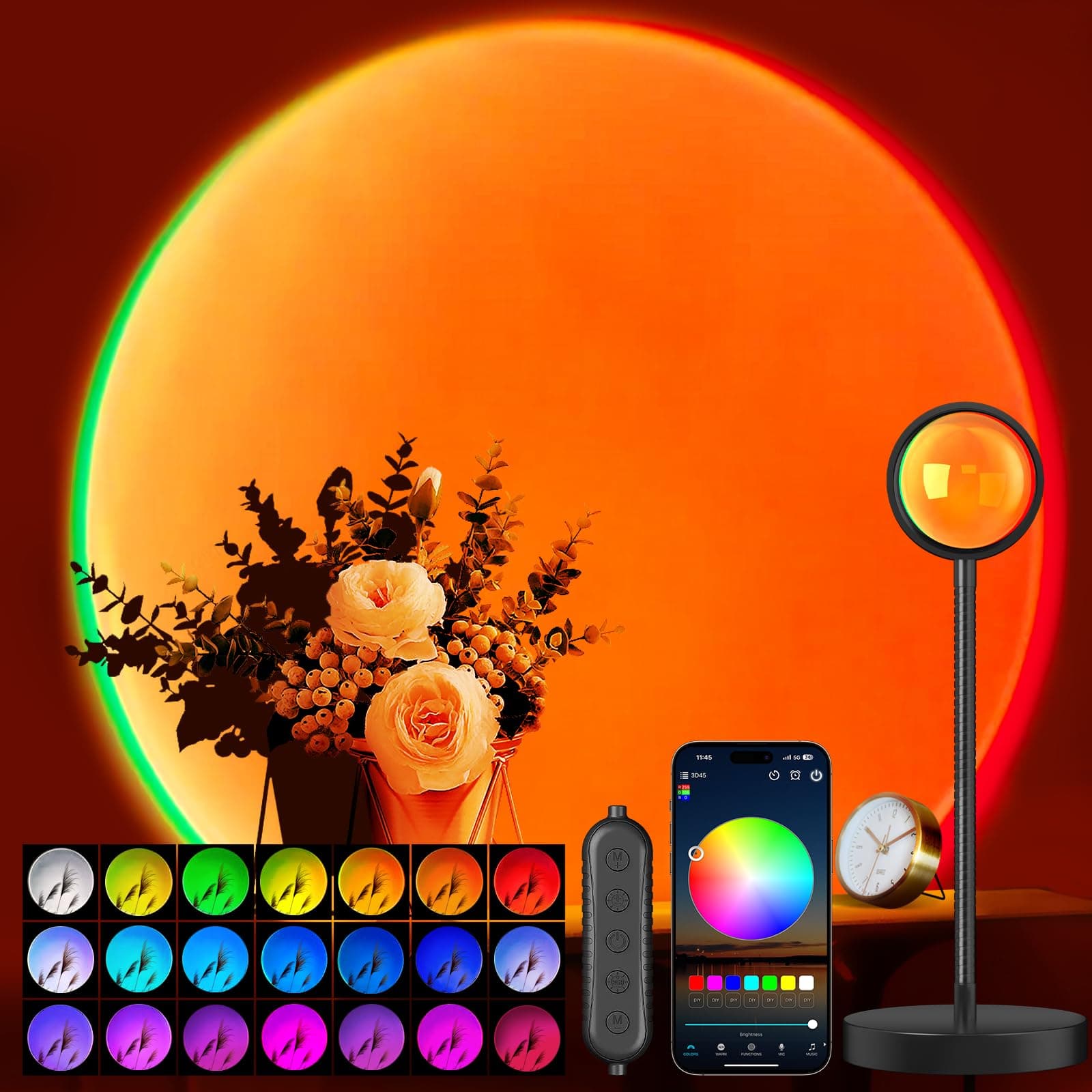 Neroupe Sunset Lamp Projector with APP & Button Control, 360 Degree Rotation Multiple Colors Changing LED Lamp Night Light, Sunset Light for Bedroom Decor/Party/Tiktok Live/Room Decor Multicolor