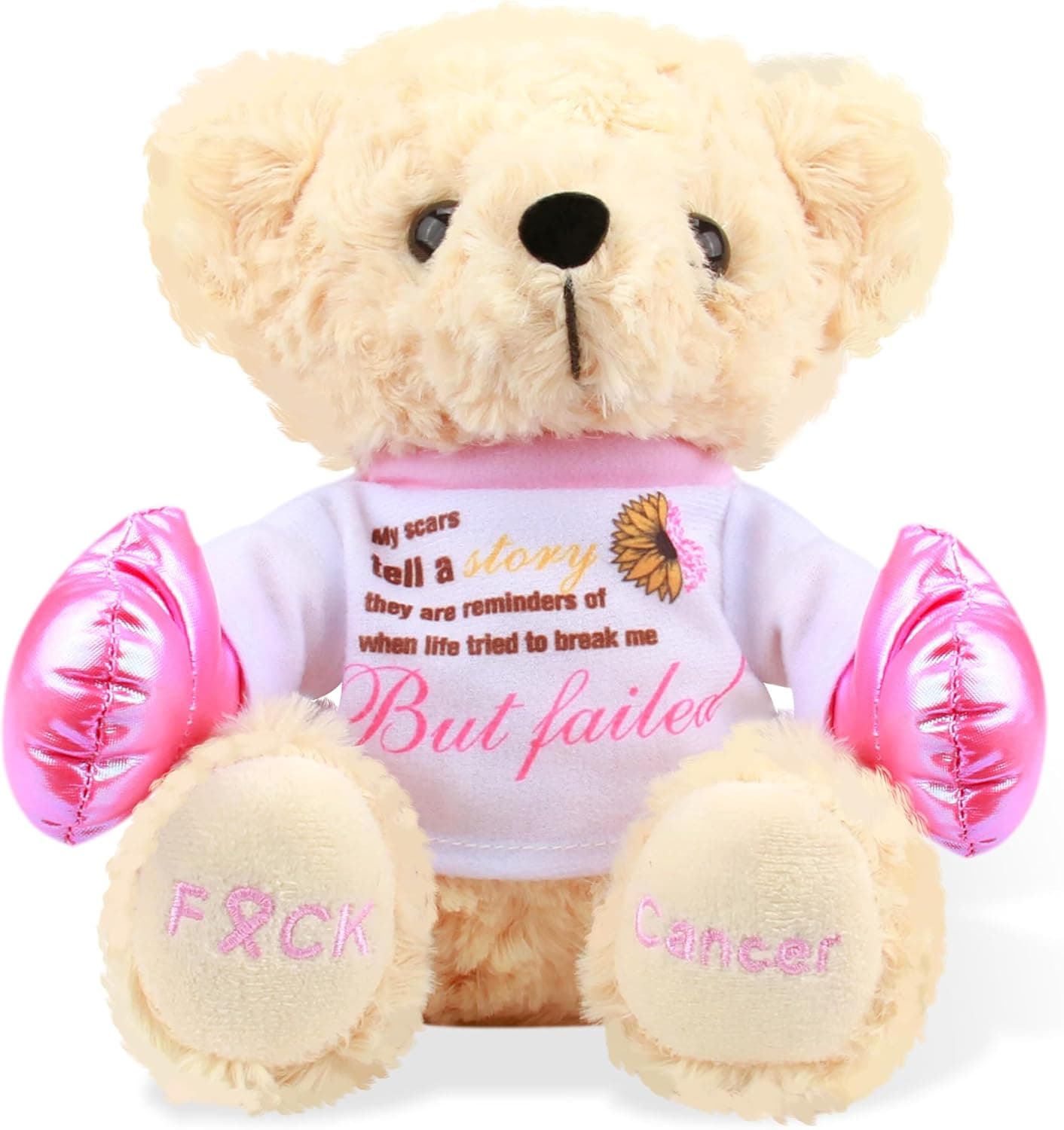 Breast Cancer Awareness Stuffed Bear Plush – 8" Fuck Cancer Teddy Bear Stuffed Animal Toy with Pink Boxing Gloves, Breast Cancer Comfort Gifts for Women, Inspirational Gift For Cancer Warrior Fighter Breast Cancer Teddy Bear - Fuck Cancer - Image 2