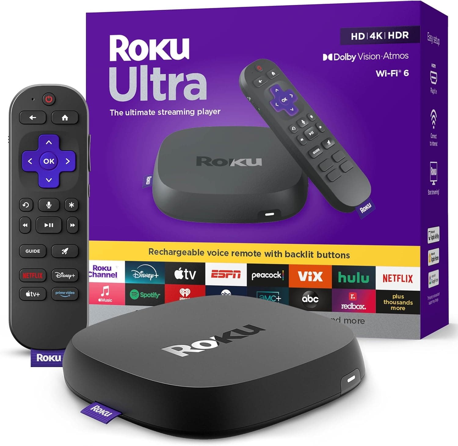 Roku Ultra - Ultimate Streaming Player - 4K Streaming Device for TV with HDR10+, Dolby Vision & Atmos - Bluetooth & Wi-Fi 6- Rechargeable Voice Remote Pro with Backlit Buttons - Free & Live TV Ultra 2024 - Image 2