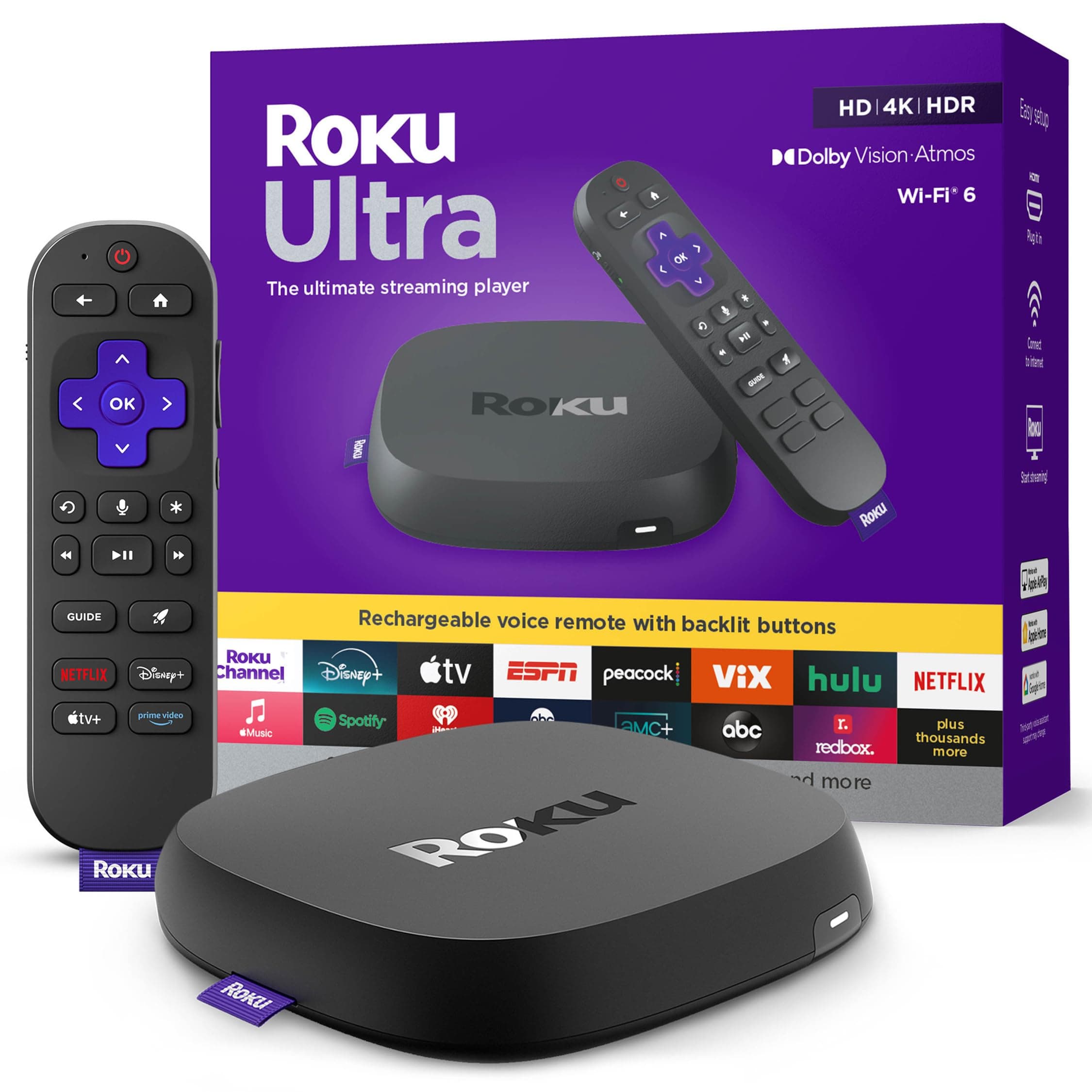 Roku Ultra - Ultimate Streaming Player - 4K Streaming Device for TV with HDR10+, Dolby Vision & Atmos - Bluetooth & Wi-Fi 6- Rechargeable Voice Remote Pro with Backlit Buttons - Free & Live TV Ultra 2024