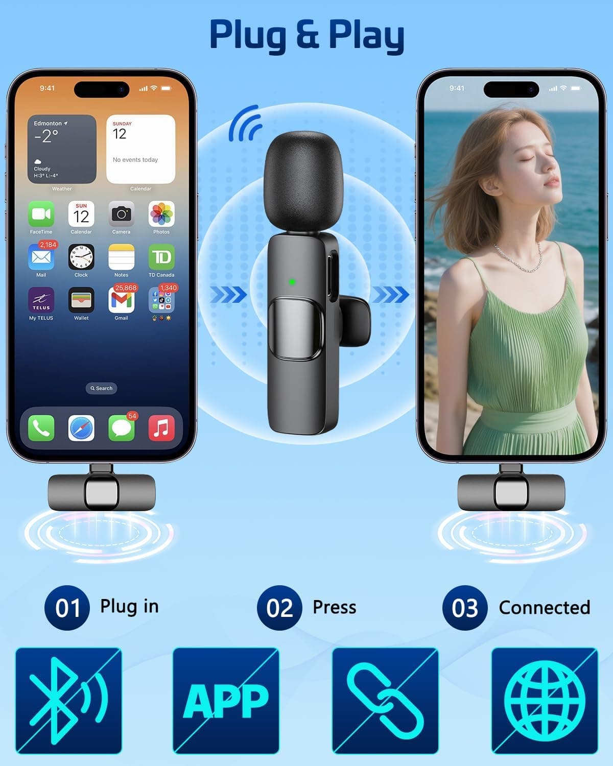 Pink Wireless Lavalier Microphone for iPhone & Android - Mini Clip-On Mic with Noise Cancellation, 65ft Range, 8H Battery, USB-C/Lightning - for TikTok, YouTube, Podcast, Live Streaming - Image 4