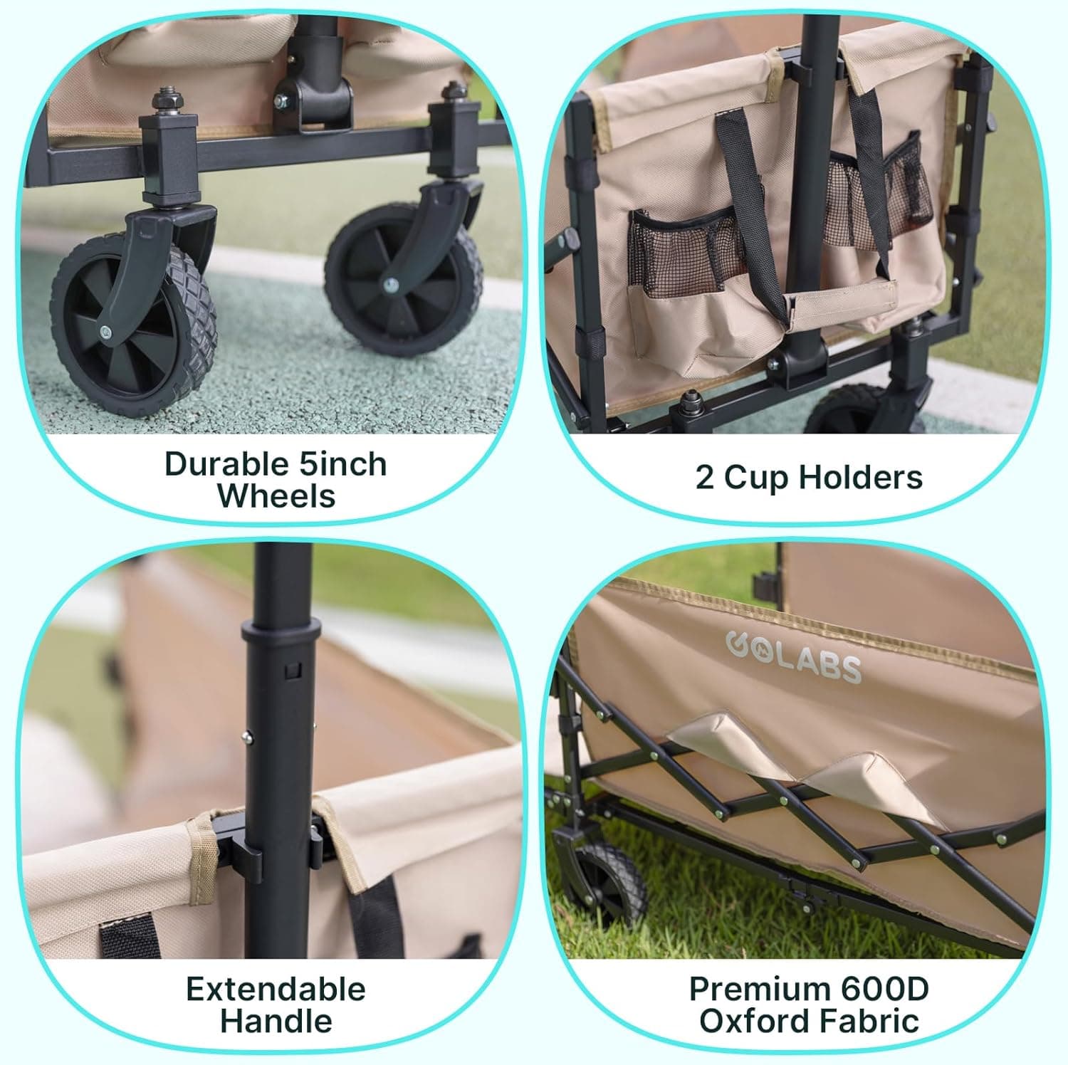 Golabs Collapsible Wagon Cart Max 350lb Load & Expandable Storage 100L, Double Bearing Design for Flexible Steering, Foldable Heavy Duty Garden Cart with 2 Cup Holders for Groceries, Garden & Camping Black - Image 7
