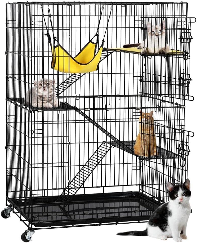 Yaheetech 49'' Collapsible Cat Cage 4-Tier Metal Cat Kennel Ferret Enclosure Chinchilla Cage with Rotating Casters/Ramp/Ladders/Hammock for Indoor Kitten - Image 2