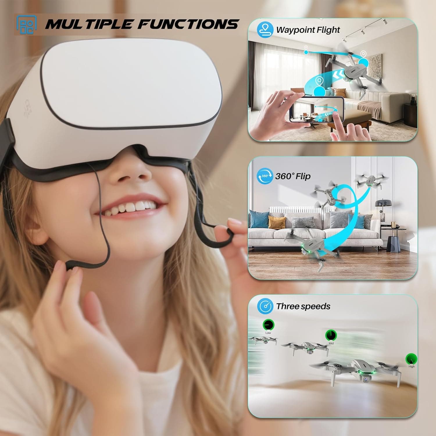 Drone SIMREX Con Cámara 1080P para Niños y Adultos, Quadcopter RC con Mantenimiento de Altura, Mini Drone con Inicio de Un Botón, Vuelo por Waypoint, Modo Sin Cabeza, Volteo 3D, 3 Velocidades, Drone Control Remoto para Principiantes Gris - Image 6