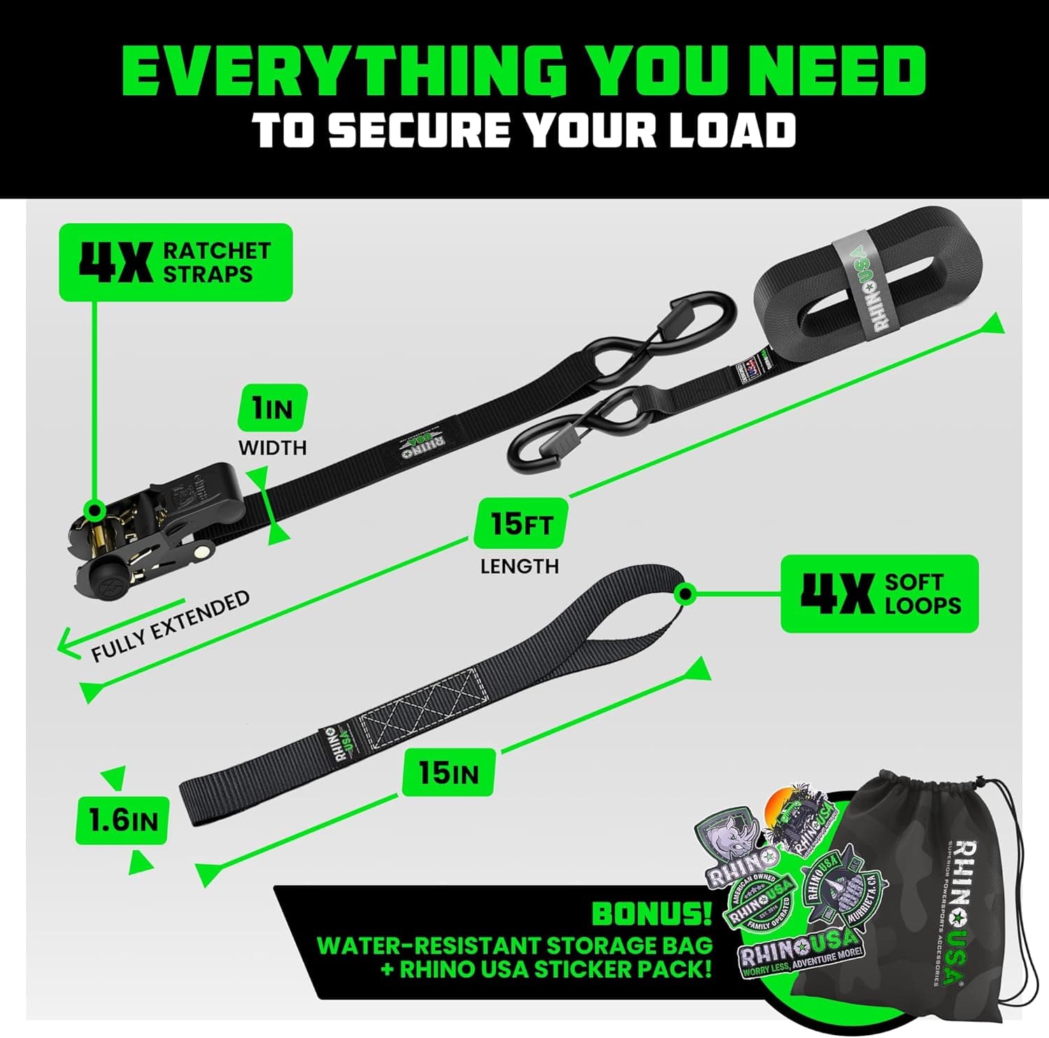 Rhino USA Ratchet Straps Tie Downs (4-Pack) - 1 Inch x 15 Feet (1,823lb Break Strength) - Ultimate Tie Down Straps with Safety S Hooks - for Trucks, Cargo, Moving, Appliances - Black - Image 5