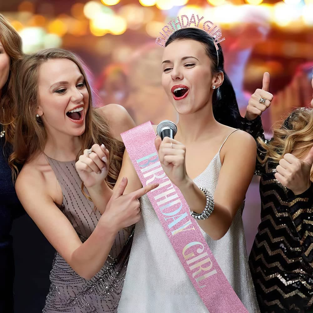 Glitter Birthday Sash, Tiara and Rhinestone Headband Set - Pink Birthday Accessories for Her Pink Glitter - Image 3