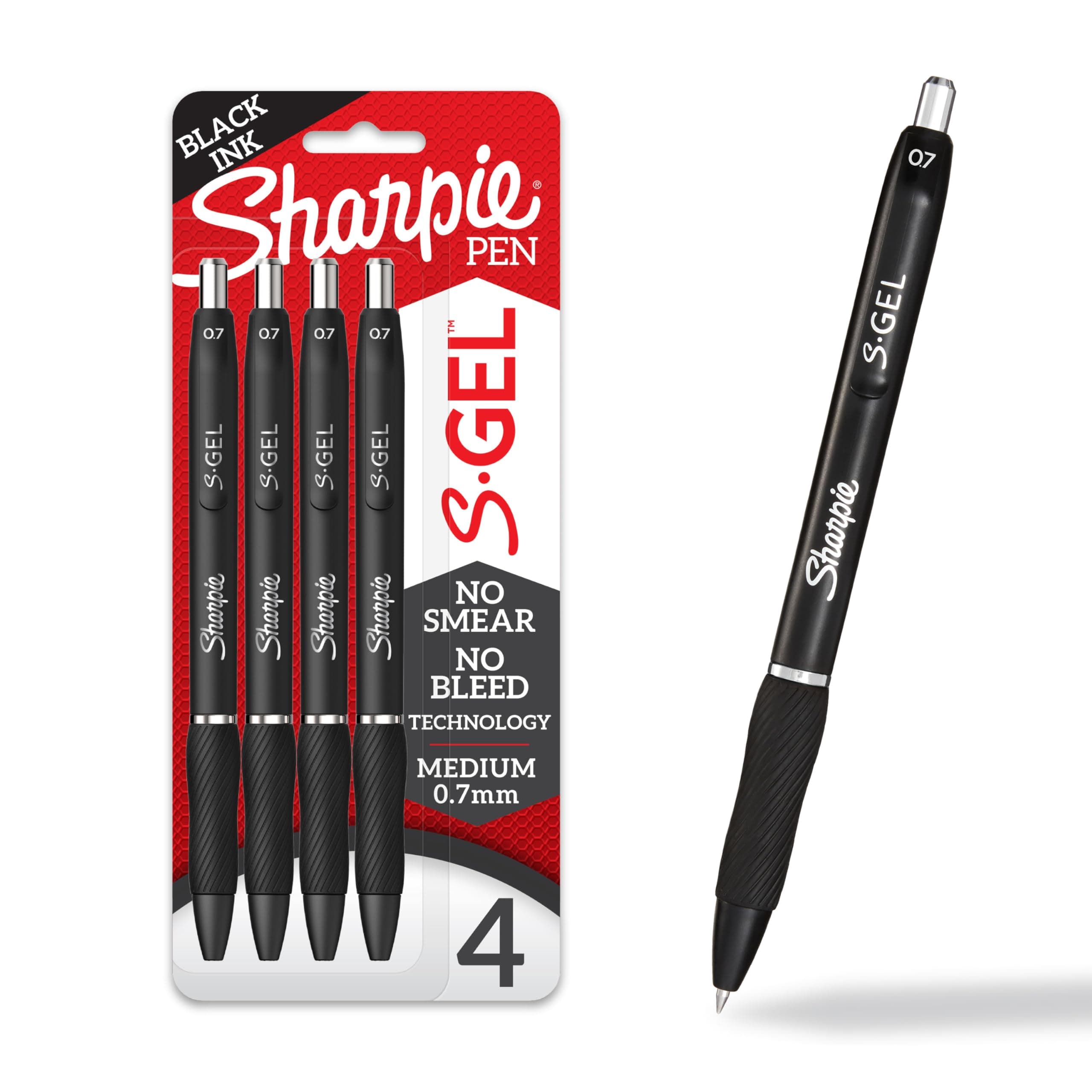 Sharpie S-Gel Pens, Medium Point (0.7mm), Black Ink, 4 Count - Ideal for Writing, Journaling, Drawing, Coloring, Note-Taking, College Supplies