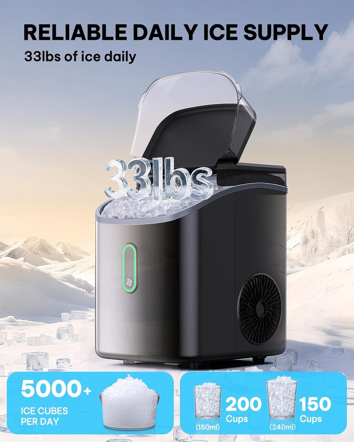 Silonn Nugget Ice Maker Countertop, Pebble Ice Makers with Crushed Soft Chewable Ice, 33lbs Per Day with Scoop, Pellet Portable Ice Machines with Auto-Cleaning for Home, Kitchen, Office, Black Gloss black 33lbs - Image 3