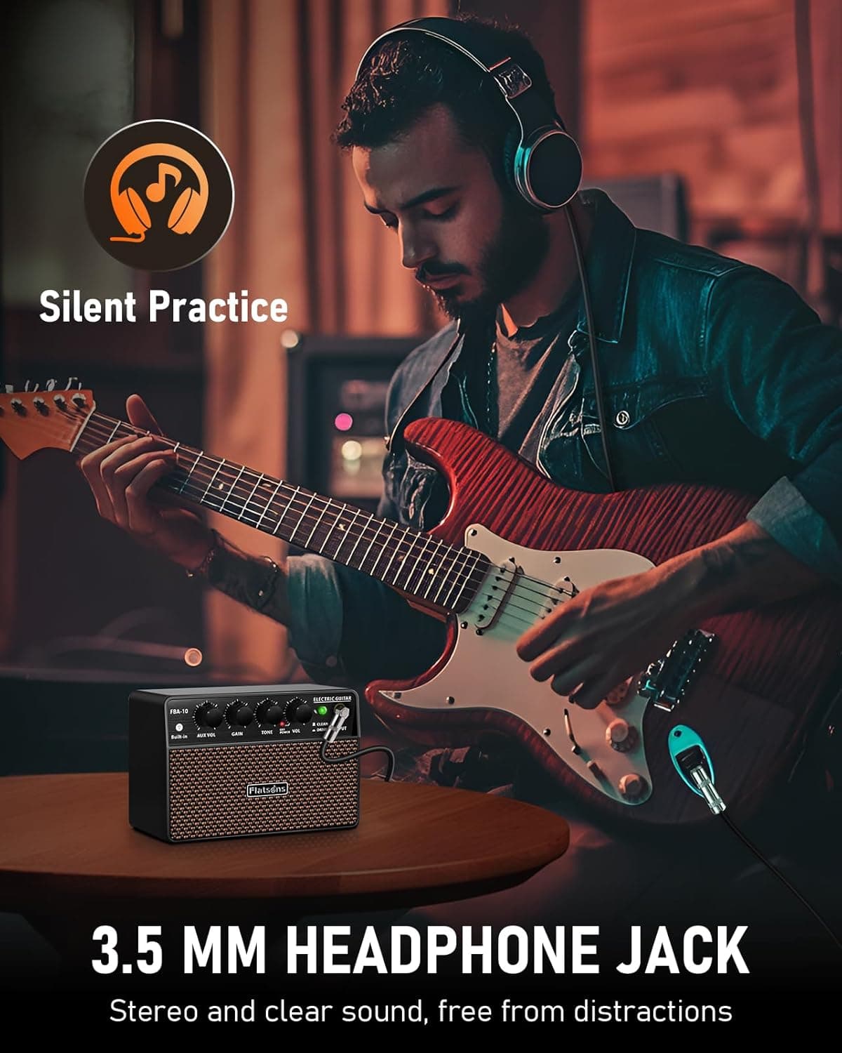 FBA-10 Guitar Amp, 10W Mini Electric Guitar Amplifier with Clean/Drive Channel, 6H Working, USB-C Rechargeable, 3.5mm Headphone/AUX Jack, Wireless Portable Amp for Indoor Practice, Traveling Black - Image 8