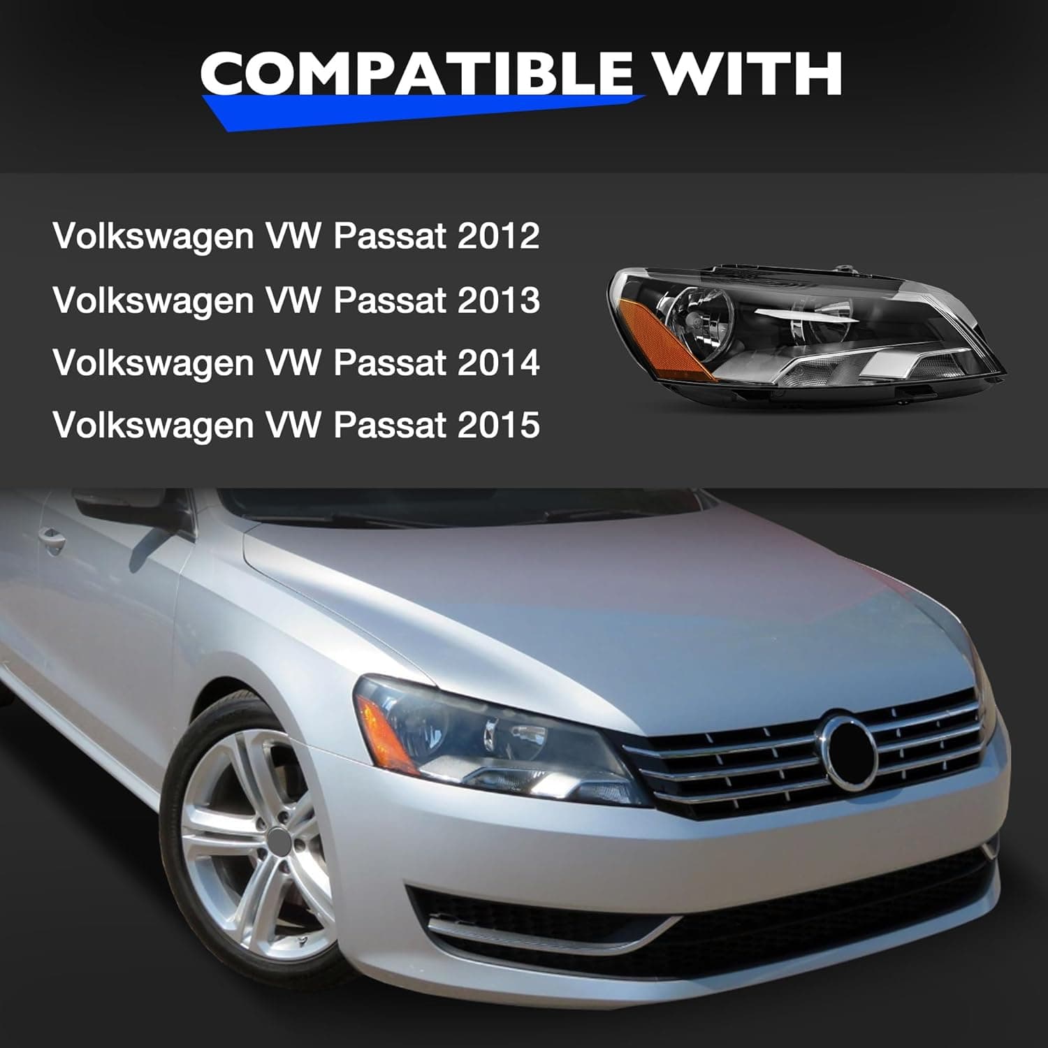 Headlights Assembly - Chrome Housing Headlamps Compatible with Volkswagen VW Passat 2012-2015 - Replacement for 561941006D, 3411131RAS2, and VW2503148 - Passenger Side RH Passenger Side Headlights (RH) - Image 4