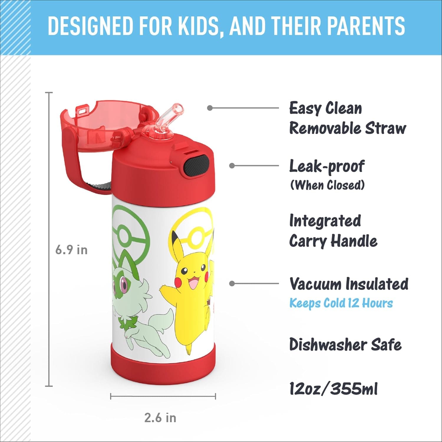 THERMOS FUNTAINER Water Bottle with Straw - 12 Ounce - Kids Stainless Steel Vacuum Insulated Water Bottle with Lid, Pokémon Pokémon 12 Ounces - Image 3