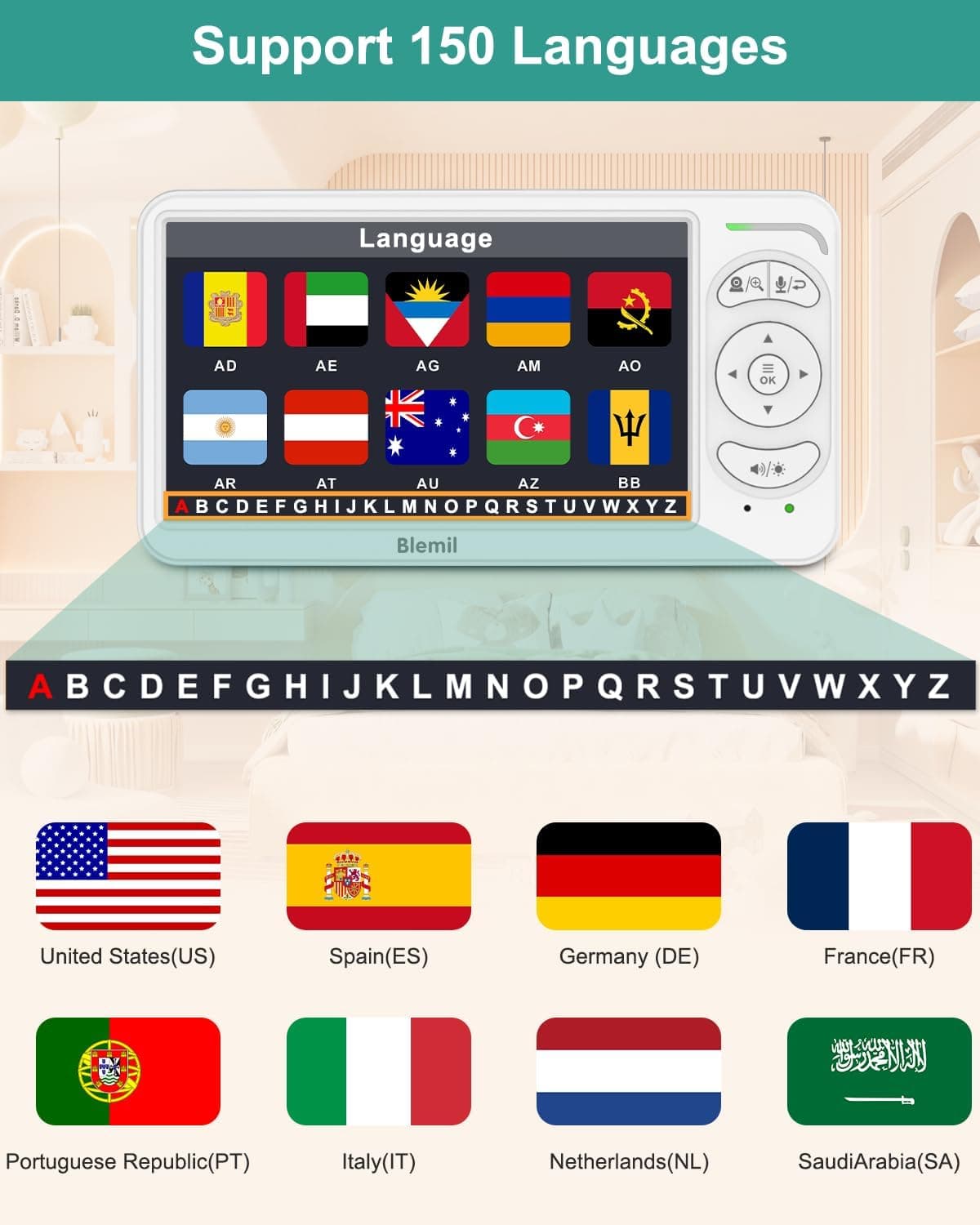 Blemil 6" Baby Monitor with 2 Cameras 4000mAh Battery Upgrade Split Screen Video Baby Monitor No WiFi Remote Pan-Tilt-Zoom Auto-Night Vision 150 Languages ECO Mode 2-Way Talk 1000FT (Ideal Condition) BL9064-2 - Image 7