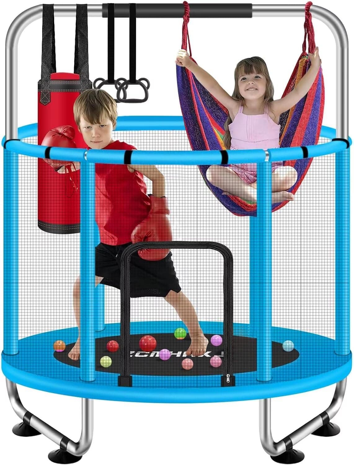 55" Trampoline for Kids with Enclosure, 440lbs Capacity Indoor & Outdoor Toddler Trampoline with Adjustable Gymnastics Bar & Toys, for Boys & Girls Blue