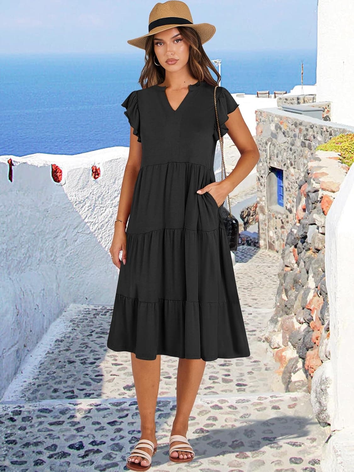 ANRABESS Womens Summer Dress Ruffle Sleeve V Neck Midi Dresses Fashion Casual Fit Flowy Tiered Boho Beach Vacation Sundress Black Medium - Image 3