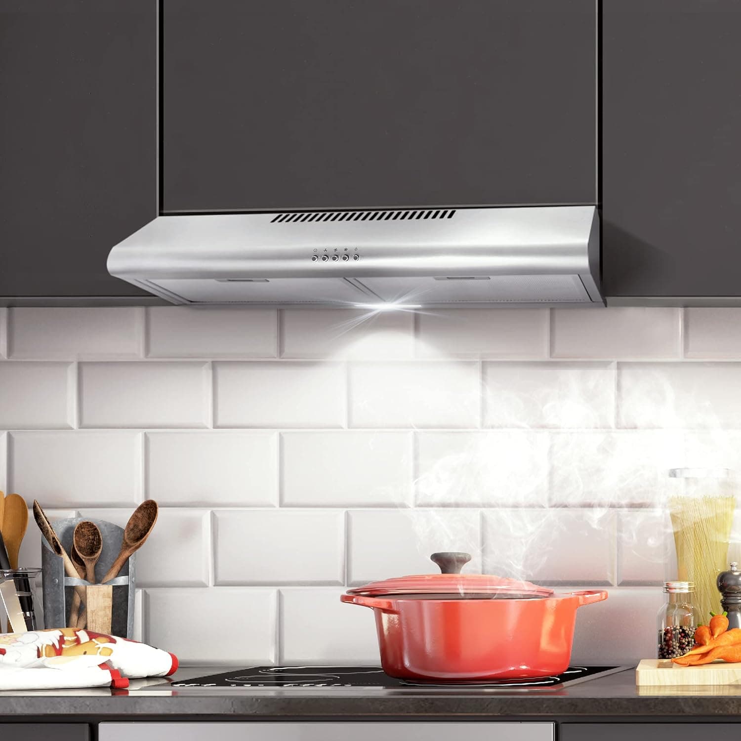 COSMO COS-5MU30 30 in. Delta Collection Ducted Under Cabinet Range Hood, Button Controls, Reusable Filters, LED Lights, Stainless Steel Stainless Steel 30 inch - Image 3