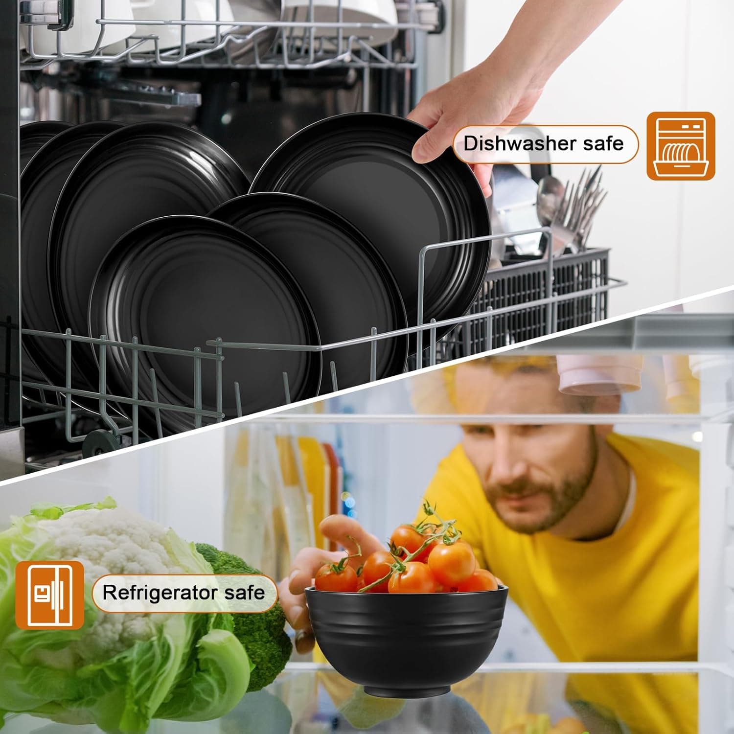 72 Pcs Plates and Bowls Sets, Unbreakable Wheat Straw Dinnerware Set Service for 8, Plastic Dish Set, Reusable Plates Bowls Cups for Kitchen, Camping, Outdoor, Dorm Microwave & Dishwasher Safe, Black - Image 7